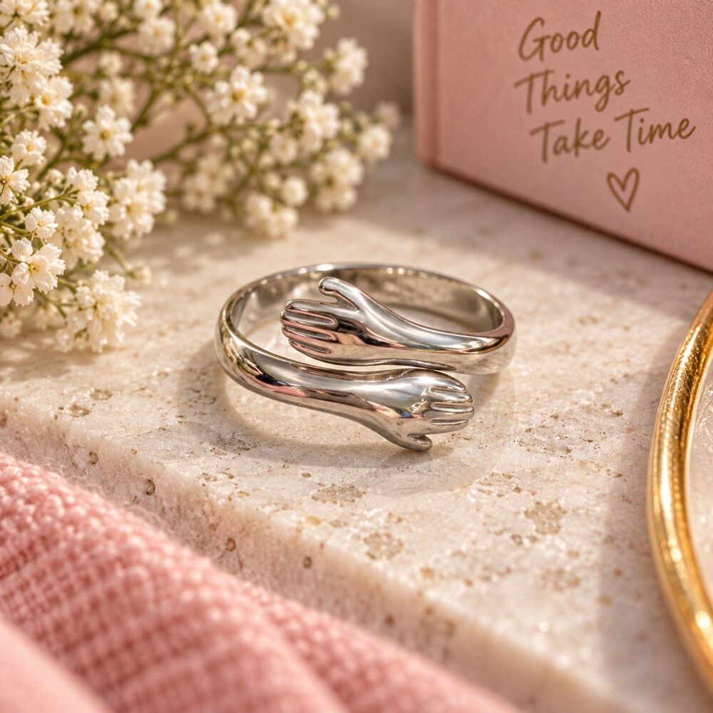 Silver Tone Hugging Hands Ring Wrap Around Embrace Statement Boho Size 8
